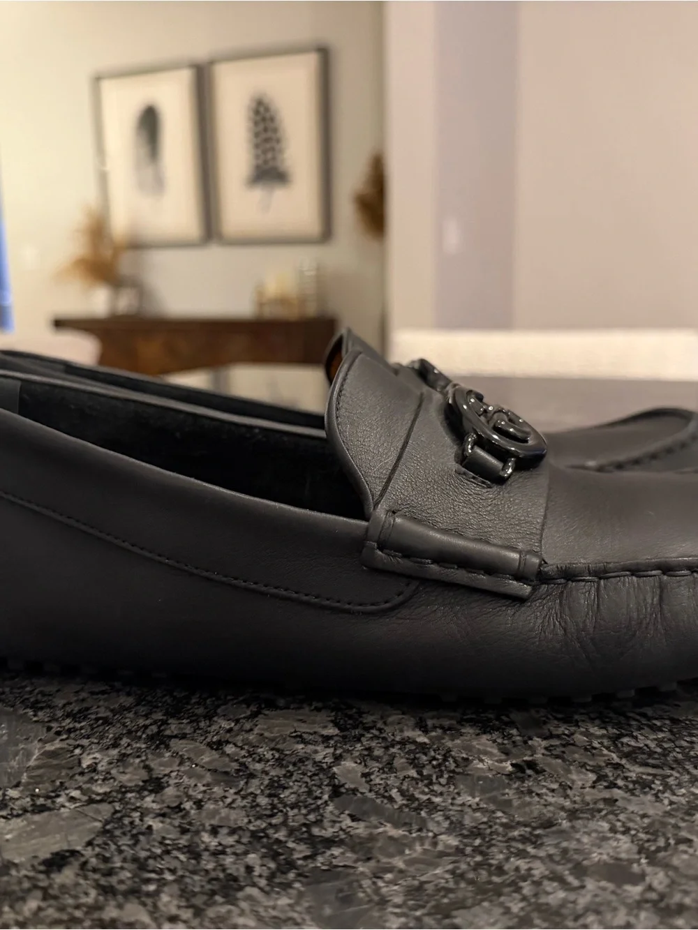 Gucci Black Leather Men's Driving Loafers with Interlocking G